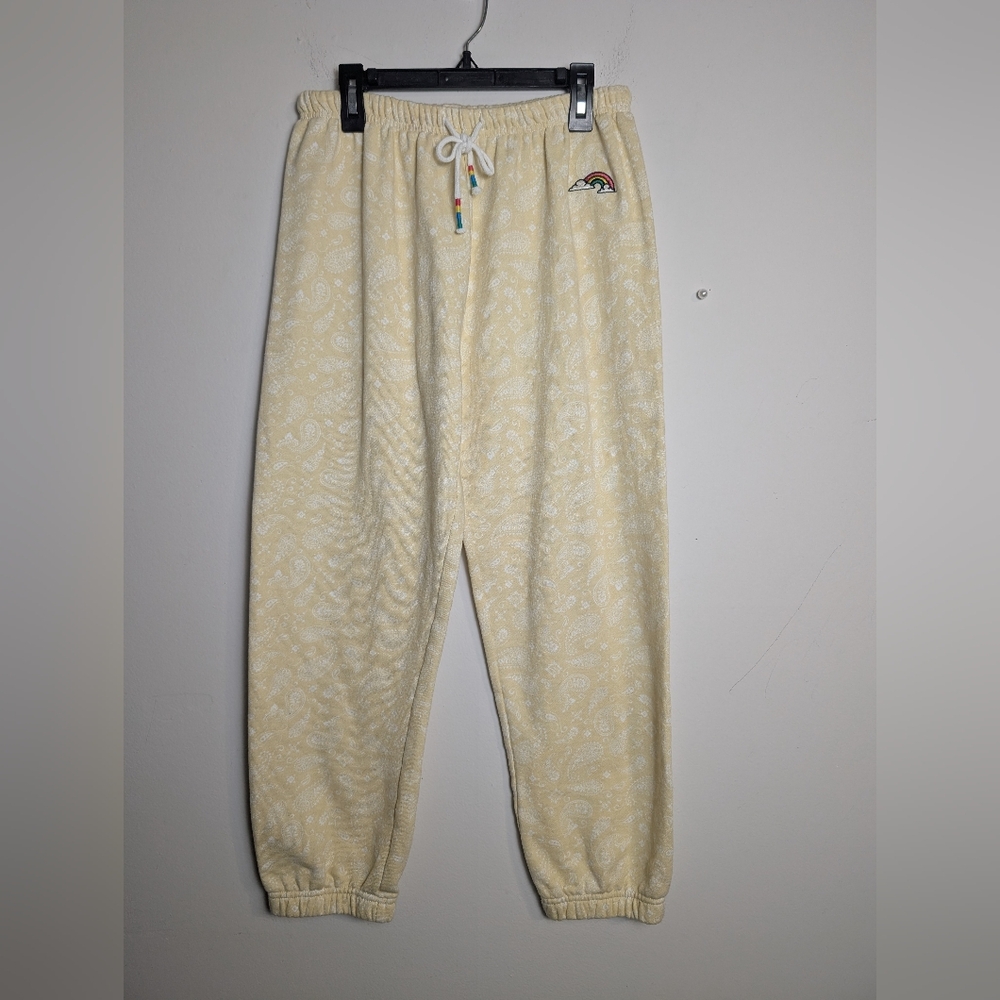 AQUA Joggers Bandana Print Rainbow Patch Pants yellow Sz S